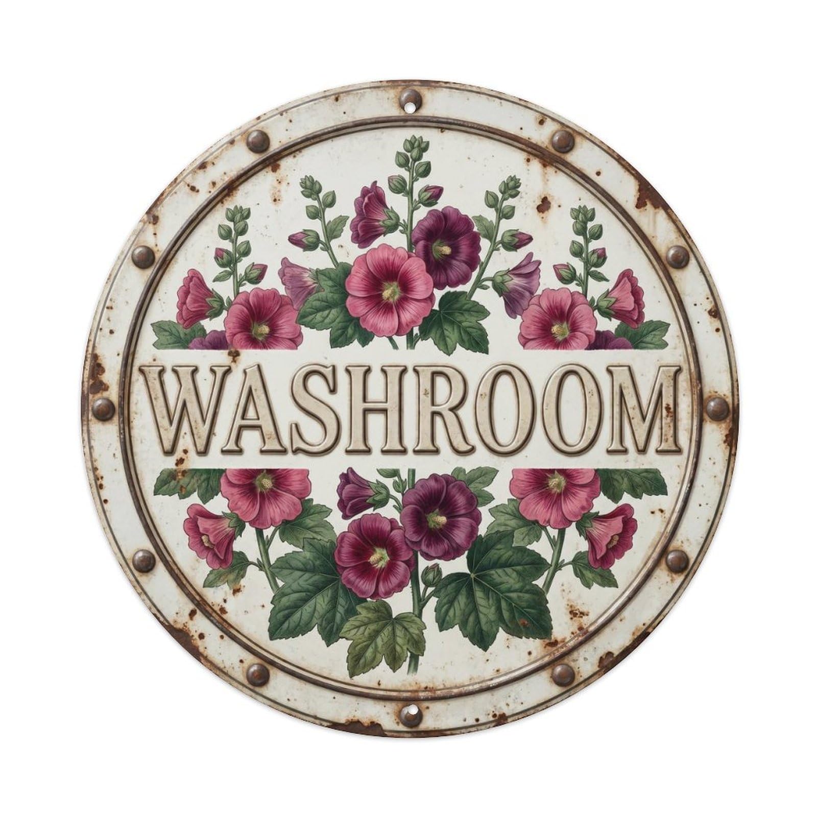 Hollyhock Washroom Botanical Floral Room Label Metal Tin Sign