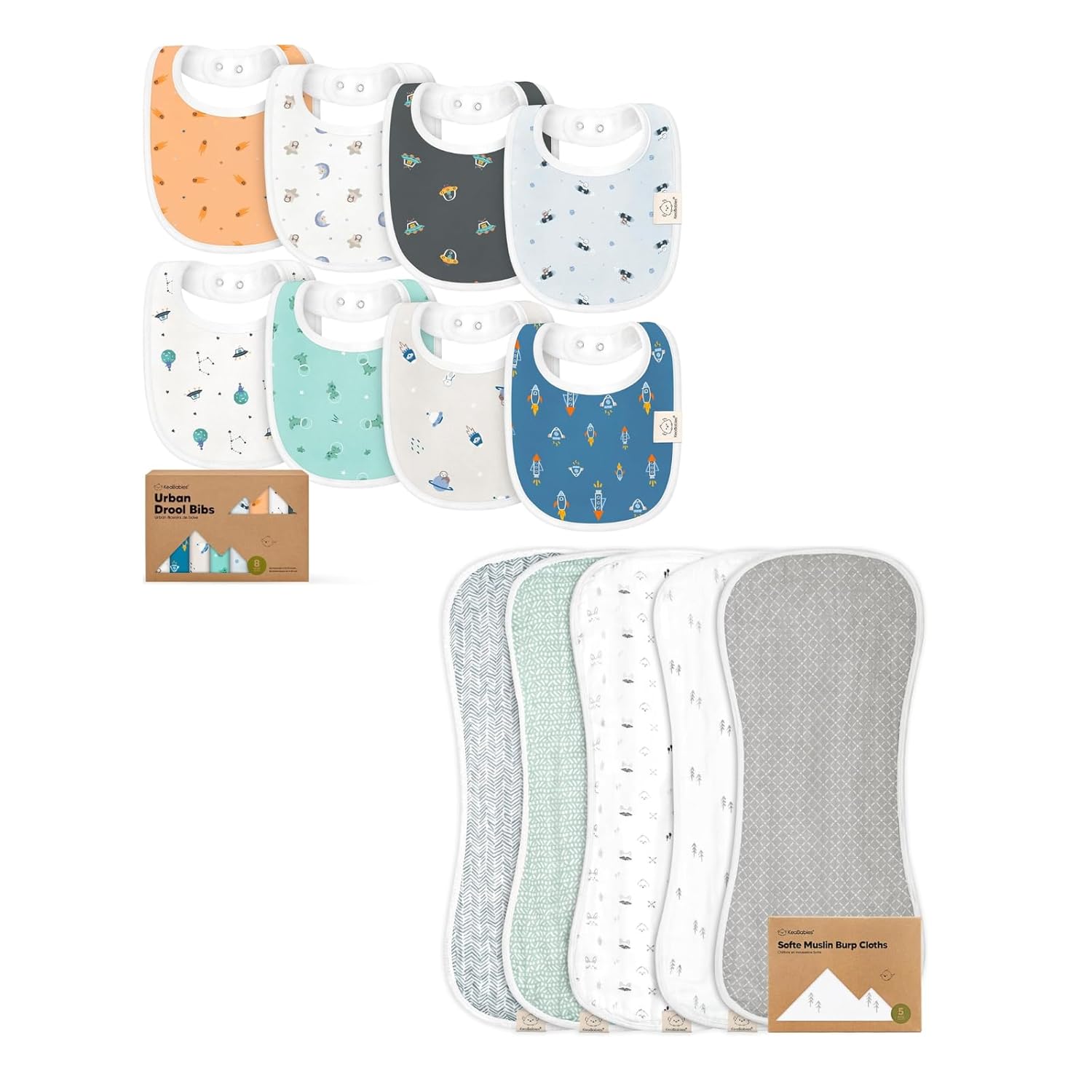 KeaBabies 8-Pack Baby Bibs for Girls & Boys and 5-Pack Muslin Burp Cloths for Baby Boy and Girl - Teething Bibs for Kids, Toddler - Cotton Washcloths, Burp Rags