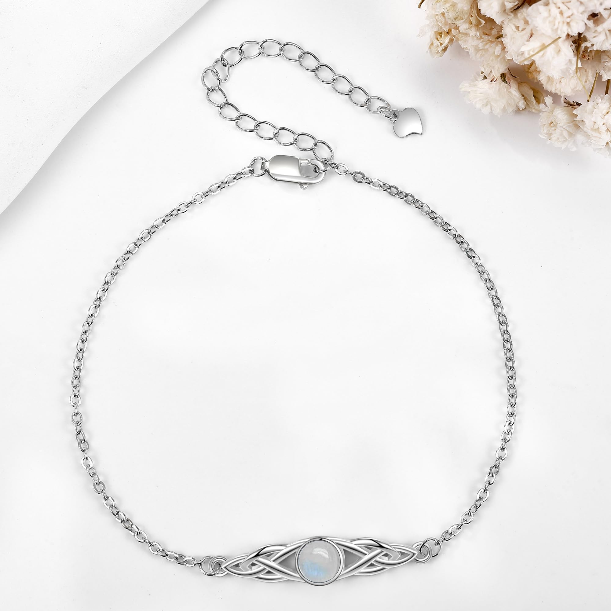 POPLYKE 925 Sterling Silber Keltische Armbänder Damen Irish Mondstein Larimar Moosachat Armband Knoten Viking Edelstein Mondstein Schmuck