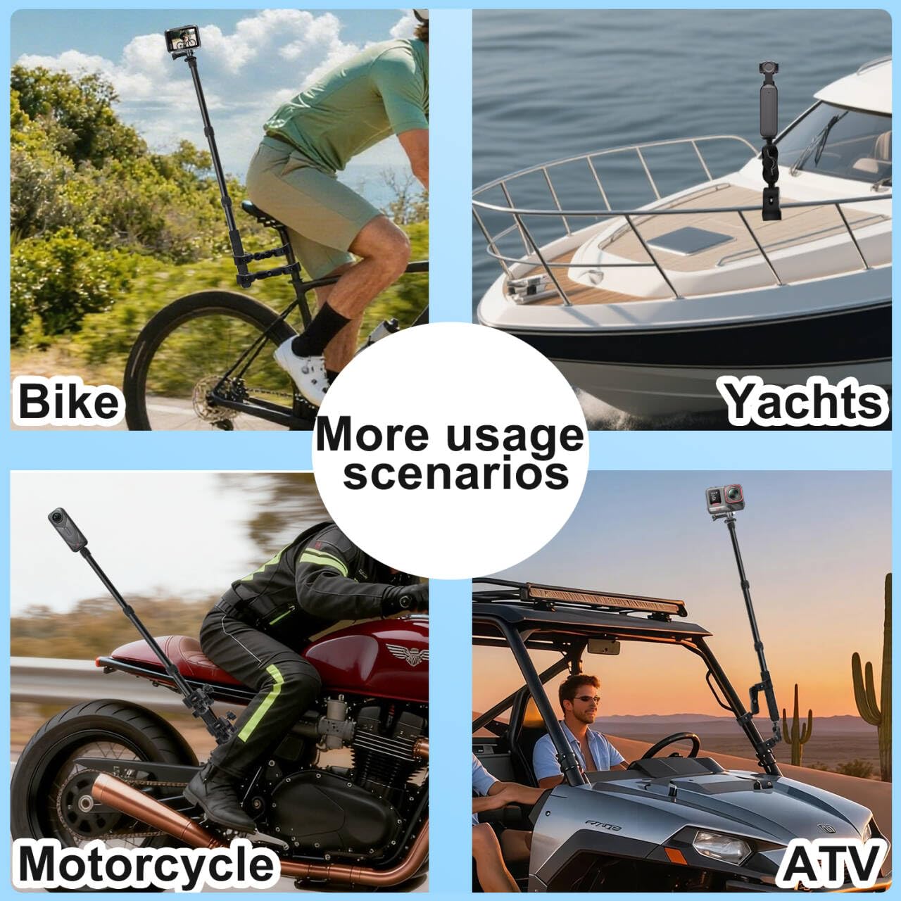OSMO 360 Motorrad Kamera Halterung Set mit 43" Unsichtbar Selfie Stick kompatibel mit Insta360 X5-X Hochleistungs Fahrrad Lenker Klemme kompatibel mit GoPro 13-3 Fahrrad ATV UTV Motorrad Vloggen