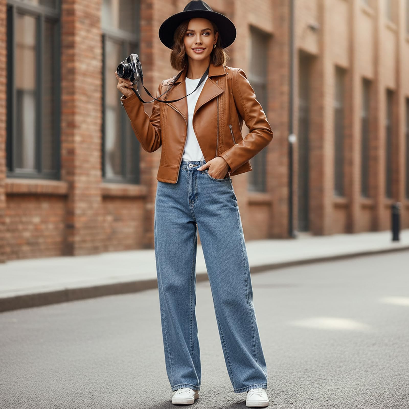Damen Nieten Motorrad Kurze Lederjacke Reißverschluss aus Kunstleder Übergangsjacke Mantel