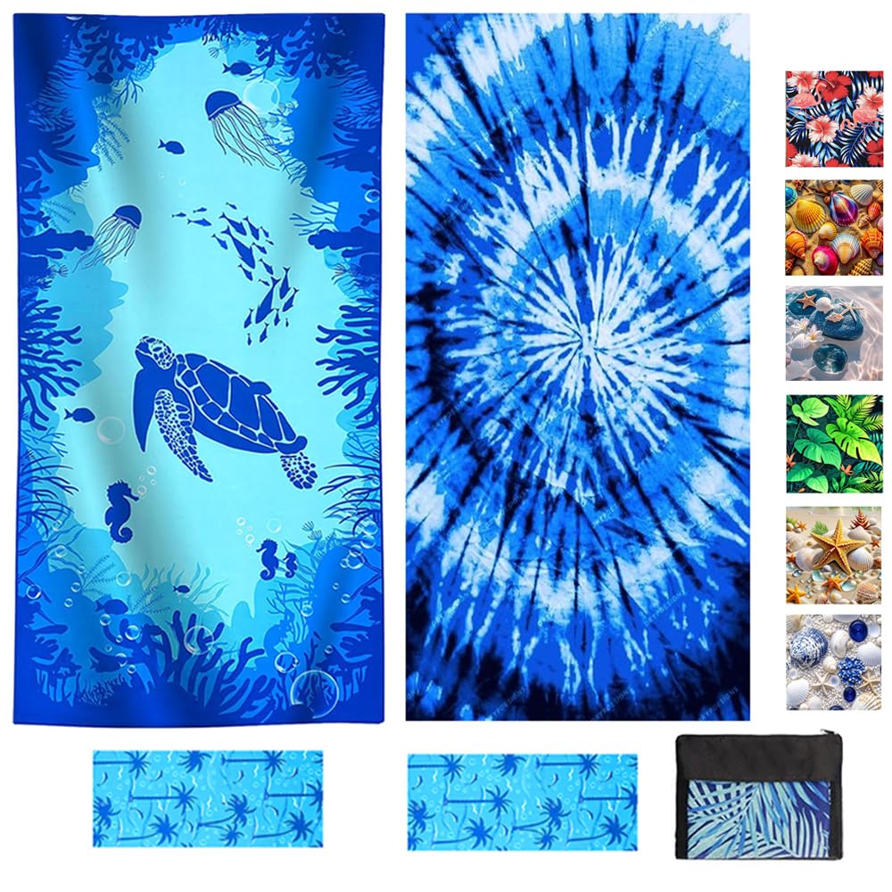 2 Pcs Microfibre Beach Towel 71"X32" Quick Dry Blue Turtle Lightweight Sand Free Extra Large Thin Towels Travel Essentials For Adults Womens Swim Bath Accessories Mats Holiday Must Haves Coconut Tree