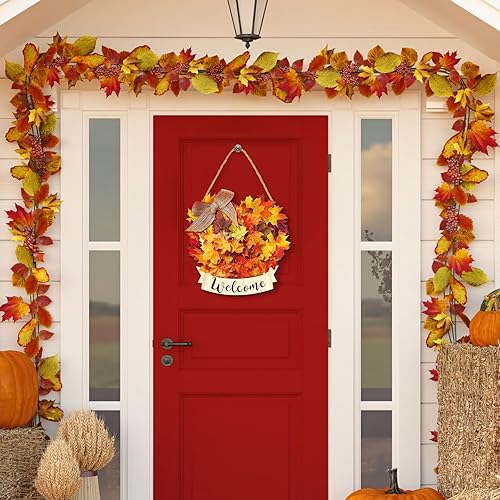 Miniatura 5 de Boao Letrero de Bienvenida de Acción de Gracias para Puerta Hojas de Arce Decoración Colgante Signo de Otoño Decoraciones de Madera para Otoño Hojas
