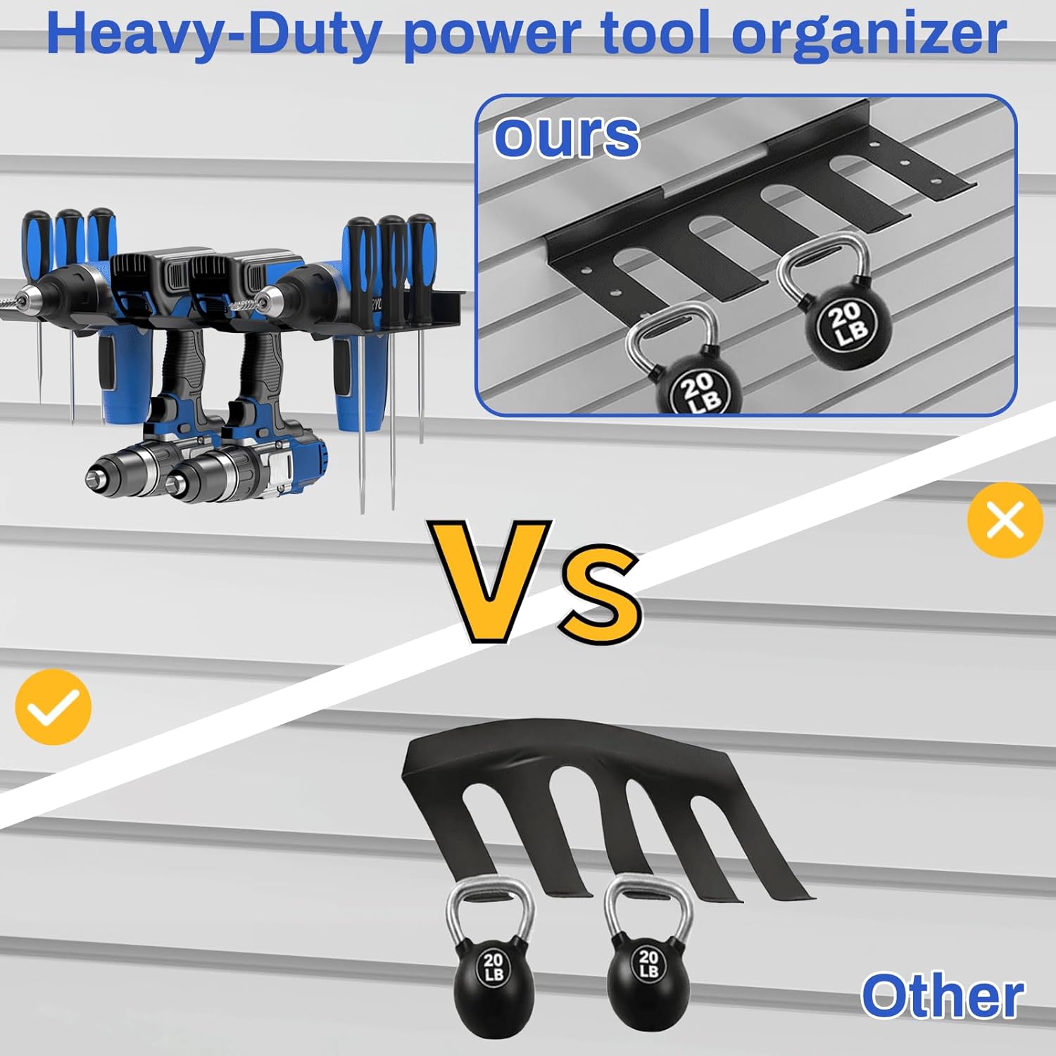 Slatwall Power Tool Organizer 2 Pack, Cordless Tool Organizer with 8 Drill Holder, Heavy Duty Slat Wall Accessories Max Loads 40Lbs for Garage, Workshop