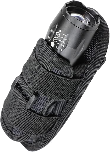 LIVANS Tactical Flashlight Pouch Holster, Rotatable Flashlight Holder Belt Clip Tactical Torch Carry Case with 360 Degree Carabiner Reel Clip