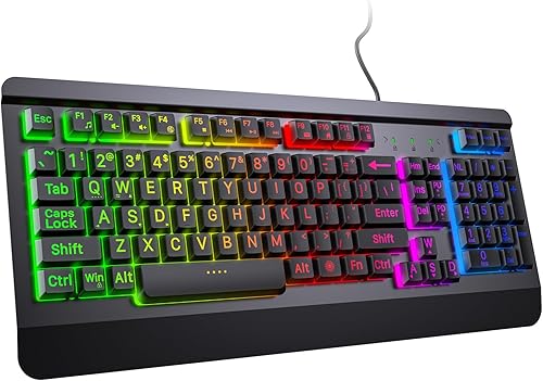 Acebaff Teclado para juegos con retroiluminación arcoíris de impresión grande, teclado de computadora con iluminación USB con teclas de letras