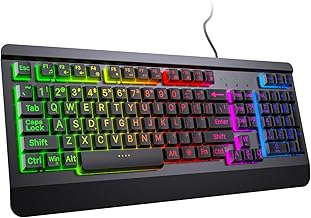 Gaming Computer Keyboard with Large Print Keys, 104 Keys All-Metal Panel, Rainbow LED Backlit, Wrist Rest, Multimedia, Anti-Ghosting, Waterproof Light Up Wired Keyboard for PC Mac Gamer