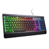 Gaming Computer Keyboard with Large Print Keys, 104 Keys All-Metal Panel, Rainbow LED Backlit, Wrist Rest, Multimedia, Anti-Ghosting, Waterproof Light Up Wired Keyboard for PC Mac Gamer
