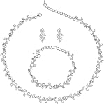 BriLove Wedding Jewelry Set for Brides, Rhinestone Crystal Flower Leaf Cluster Choker Necklace Link Bracelet Stud Earrings for Bridal Women Bridesmaid