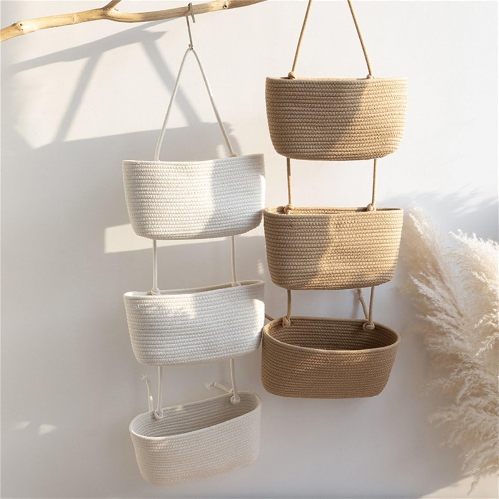 Cesta de almacenamiento for colgar en la pared 3 capas, bolsa multiusos for puerta sin perforaciones, bolsas colgantes tejidas a mano Para Hogar(Khaki)