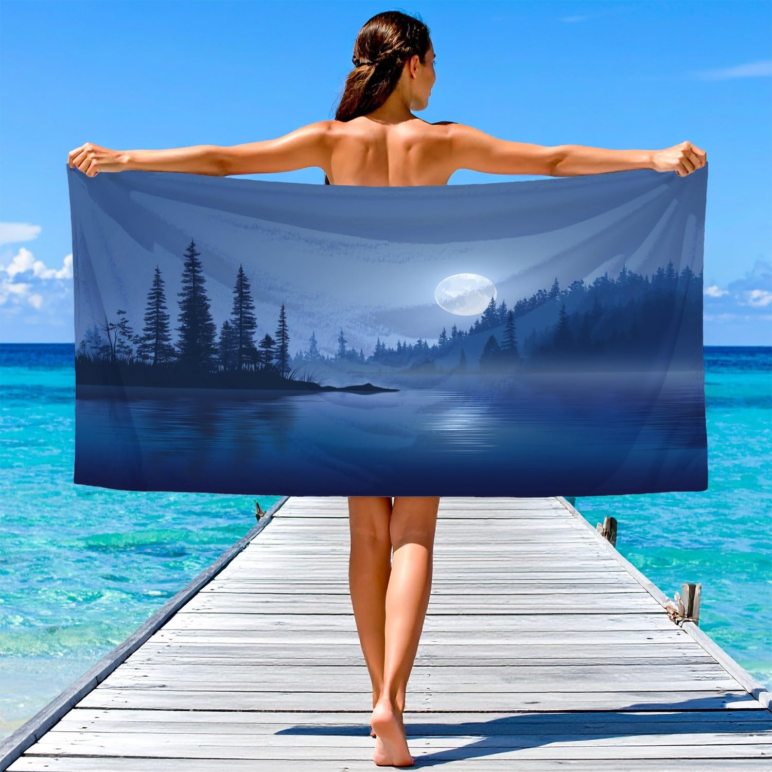 Générique Telo mare anti sabbia ad asciugatura rapida, 200 cm x 100 cm, Dreamy Calm, telo da spiaggia in microfibra, misterioso, elegante, natura paesaggio, lago, foresta, assorbente, super coperta da
