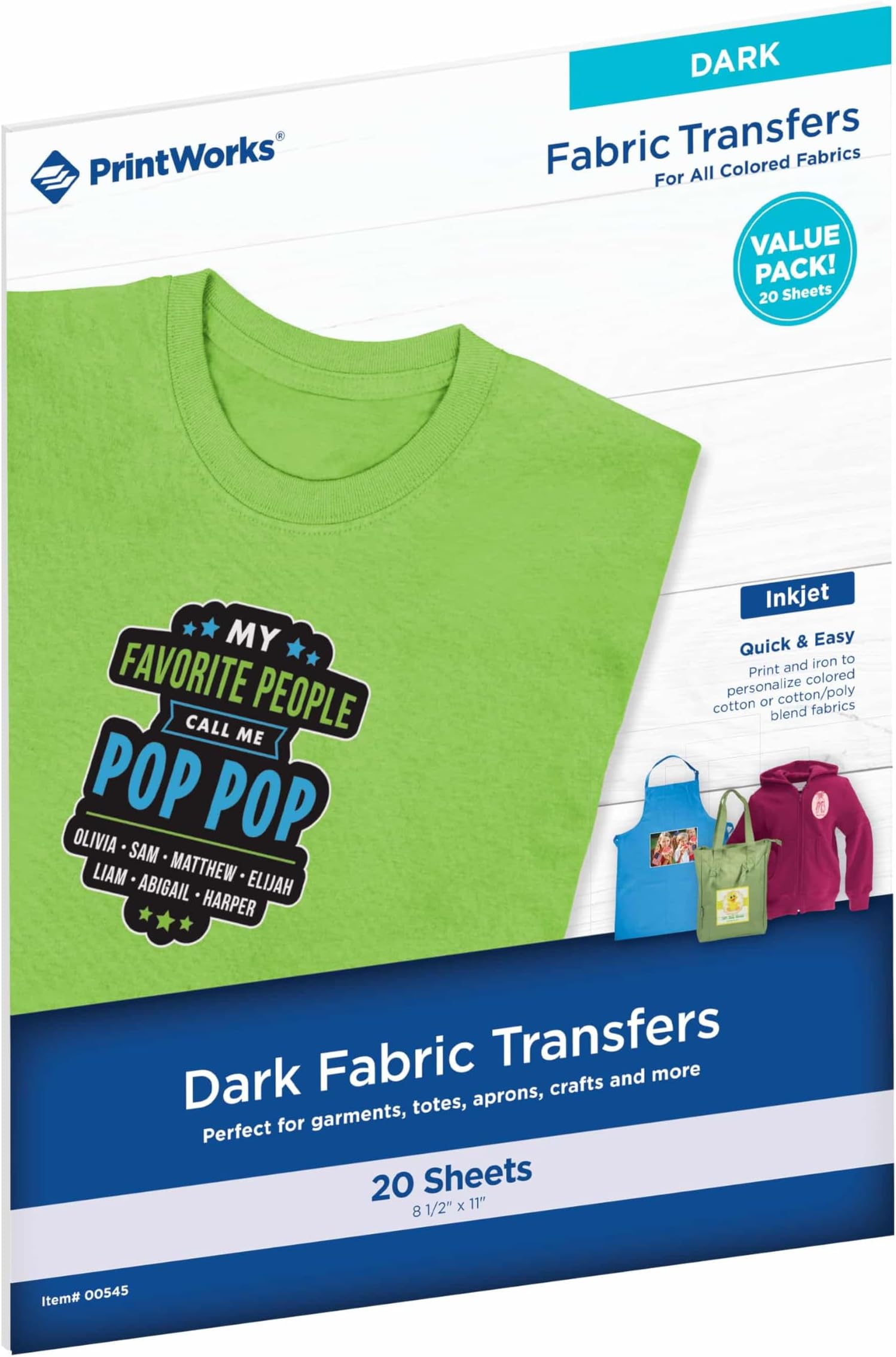 PrintWorksPrintworks Dark T-Shirt Transfers for Inkjet Printers, For Use on Dark and Light/White Fabrics, Photo Quality Prints, 20 Sheets 8 ½” x 11” (00545)