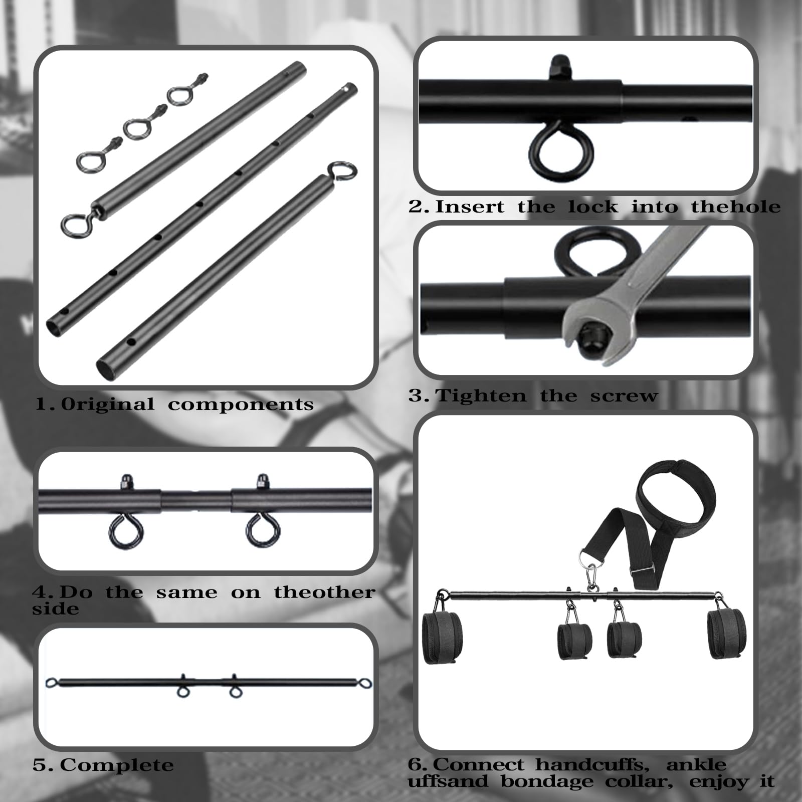 Kit Bondage BDSM – Barre d'Écartement Réglable avec Collier et Menottes – Ensemble de Fessée pour Poignets, Cou et Chevilles – Pour Femmes, Hommes et Couples