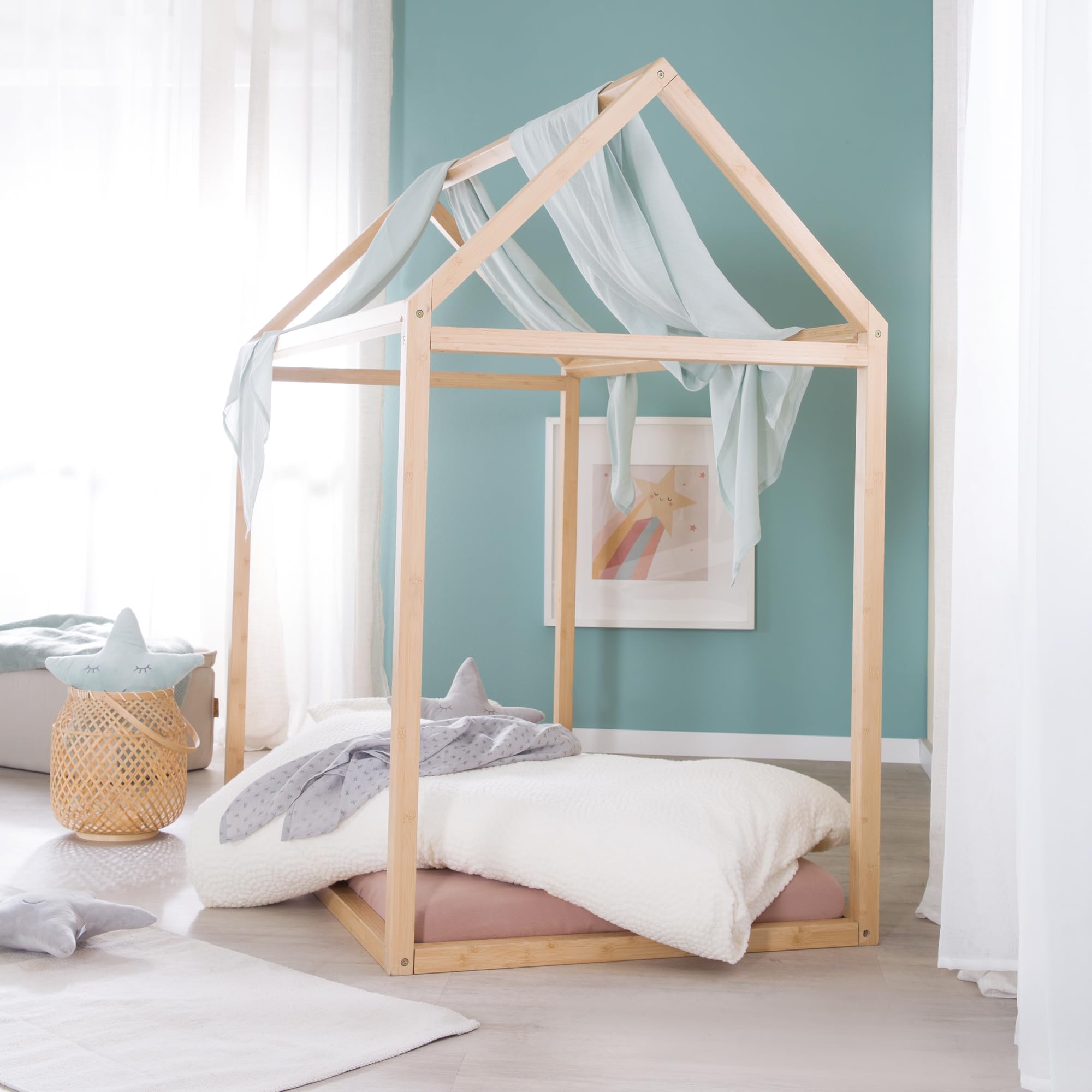 roba Hausbett Montessori 70 x 140 cm - Kinderbett aus FSC zertifiziertem Massivholz - Bambus natur