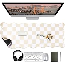 Copkim 1 Pcs Beige Scalloped Checkered Desk Mat 31.5 x 11.8 Inch Large Cute Mouse Pad Computer Mat Non Slip Waterproof Rubber Base with Border Stitching Soft Keyboard Pad for Home Office Gaming Makeup