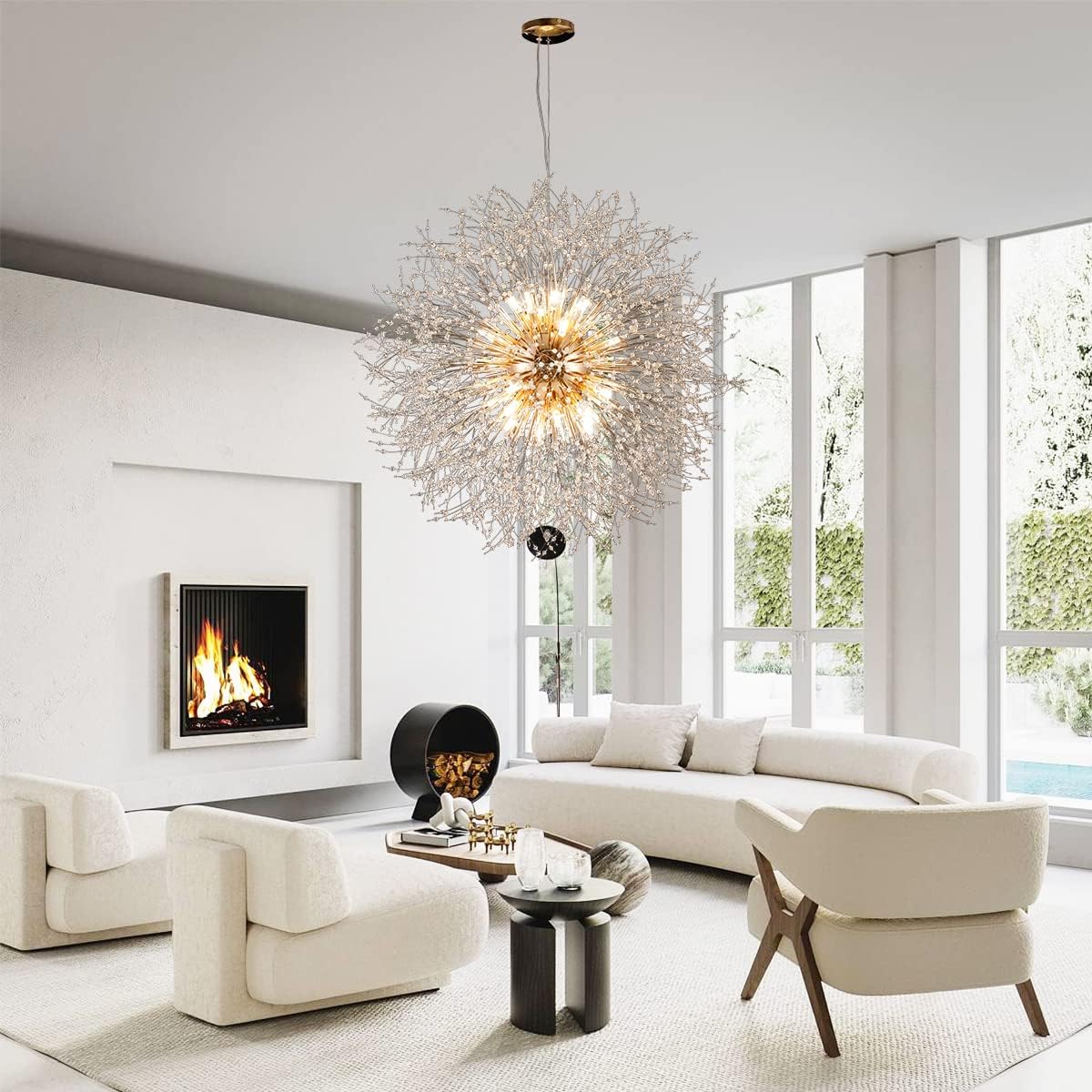 Large Fireworks Crystal Chandelier, 16-Light Gold Dandelion Pendant Lighting Fixtures, 80W LED Crystal Sputnik Hanging Lights for Hallway Living Room Bedroom