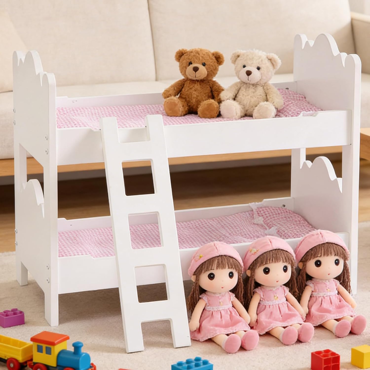 Doll Bunk Bed, Wooden Doll Bed for 18 Inch Dolls with Ladder & Pink Bedding, Easy Assembly American Girl Doll Furniture, White and Pink Pretend Play for Kids