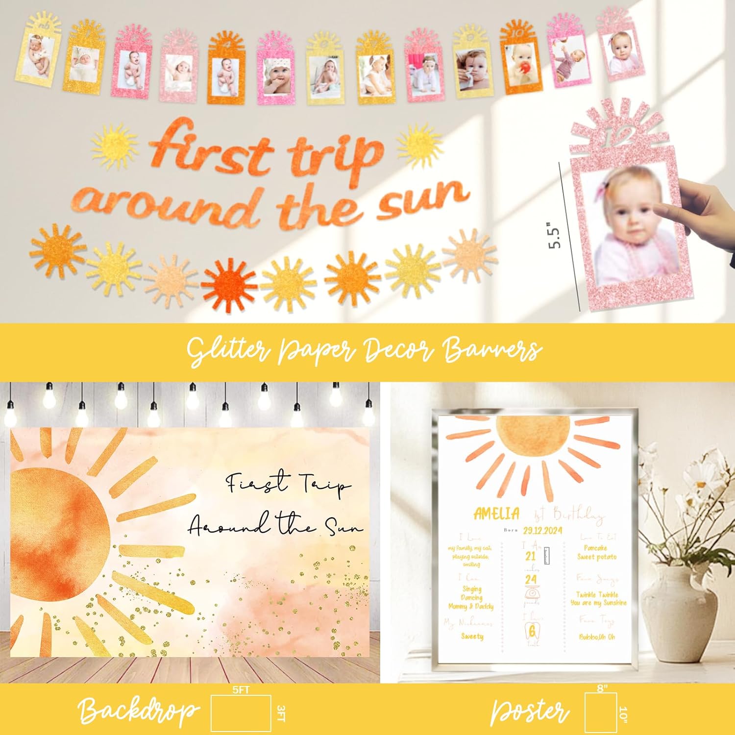 First Trip Around the Sun Decorations, 1st Birthday Decorations Girl, Boho Sun Rainbow One Year Old Birthday Party Supplies Backdrop Balloon Banner Cake Topper Box Cutout Poster Crown
