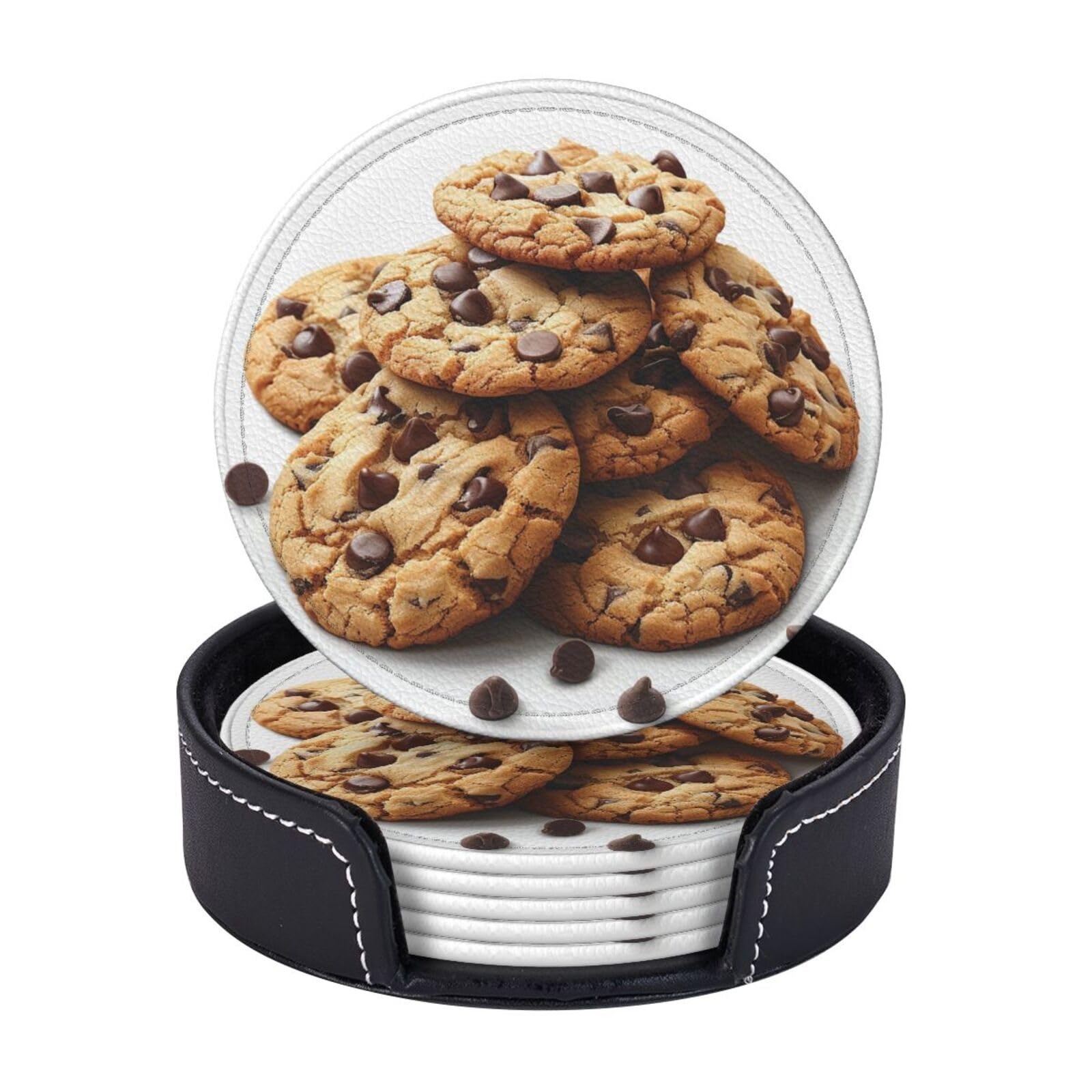 Drink Coasters 6Pcs Round Leather Coaster with Holder Chocolate Cookies Biscuits Coasters for Drinks Coffee Cup Mat Heat Resistant Coaster for Tabletop Protection Desk Accessories Office Home Decor