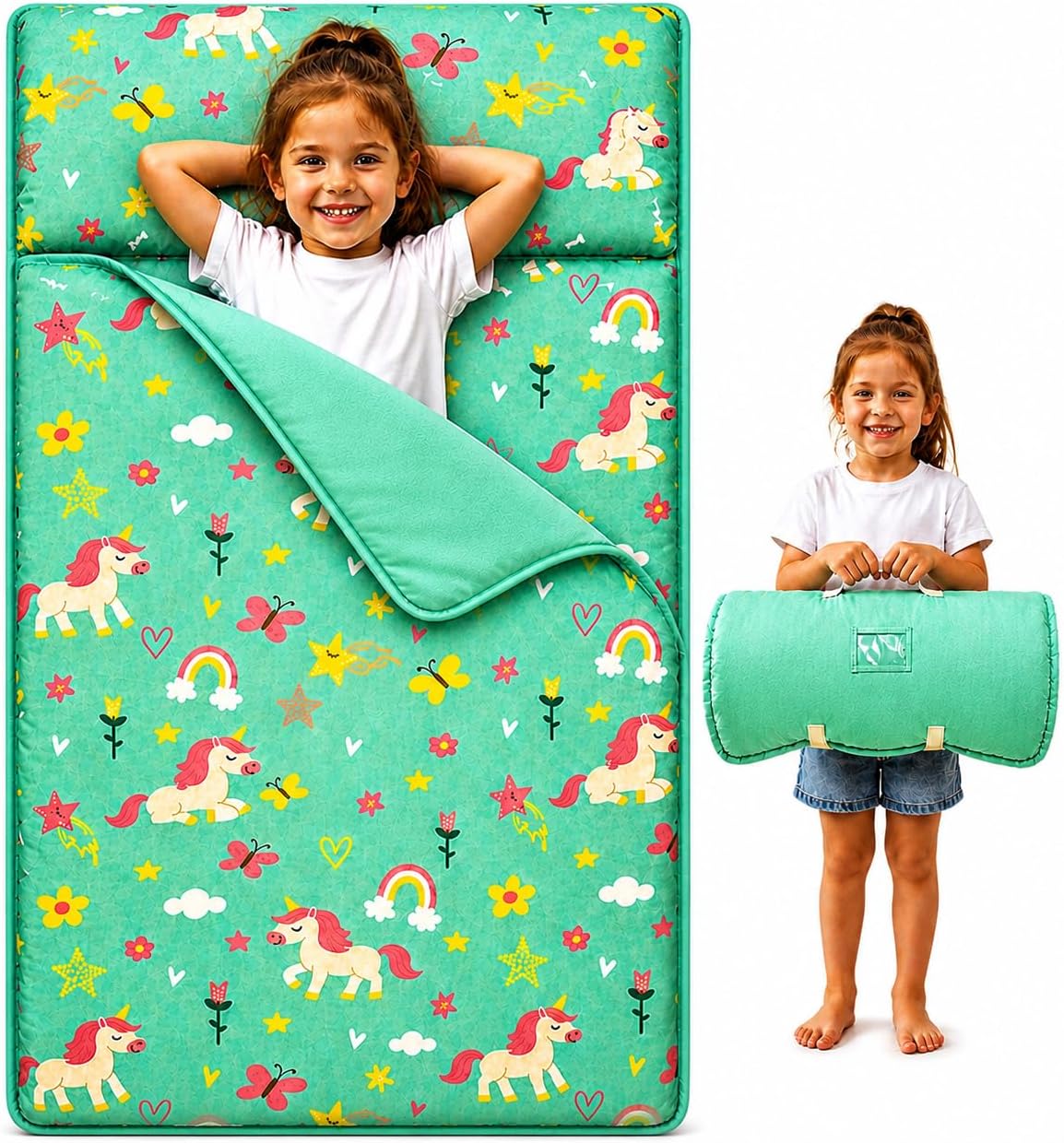 Toddler Nap Mat with Pillow and Blanket, Nap Mat for Daycare and Preschool – Kids Sleeping Mat, Soft Roll-Up Nap Mat for Toddlers Ages 3–7, Lightweight Washable