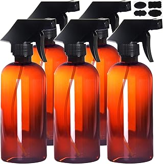 Youngever 5 Pack Empty Amber Plastic Spray Bottles, 16 Ounce Refillable Container for Essential Oils, Cleaning Products, or Aromatherapy, Trigger Sprayer with Mist and Stream Settings
