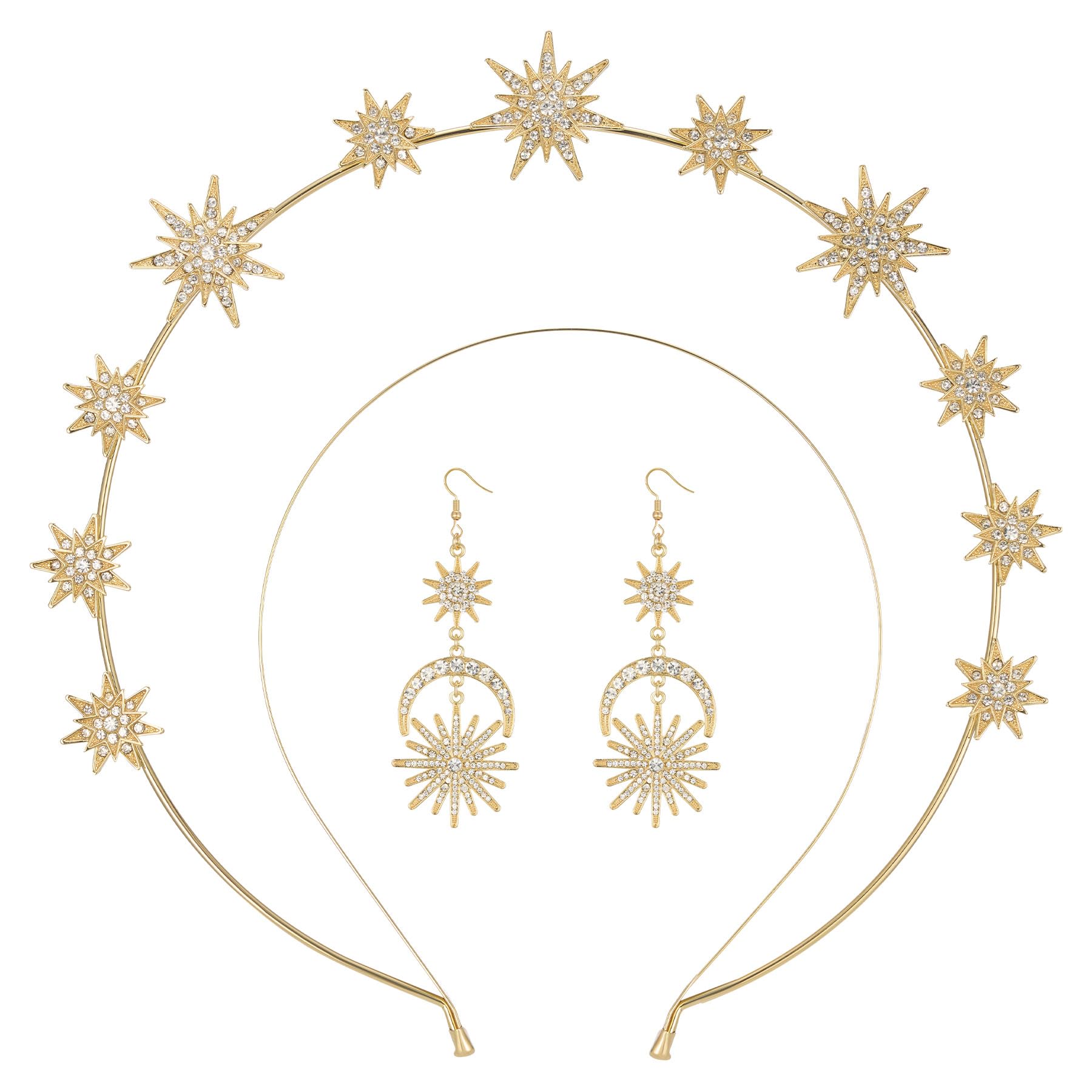 SWEETV Gold Halo Crowns for Women Star Tiara and Dangle Earrings Set Wedding Headband Goddess Headpiece for Cosplay Halloween Costume Photoshoot