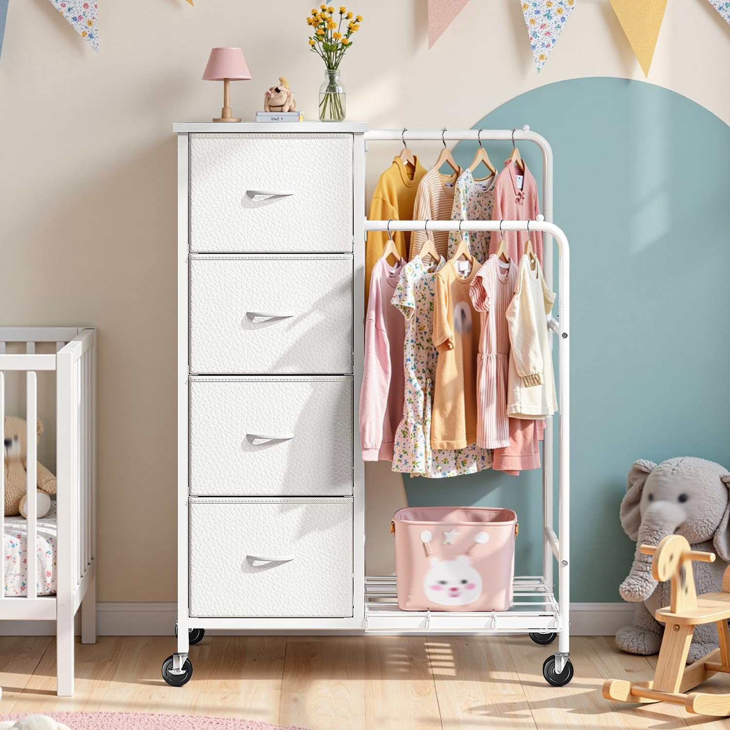 47 3 H Dresser with Hanging Rack 4 Fabric Drawers with Double Clothes Rack Wheels Tall Closet Organizer