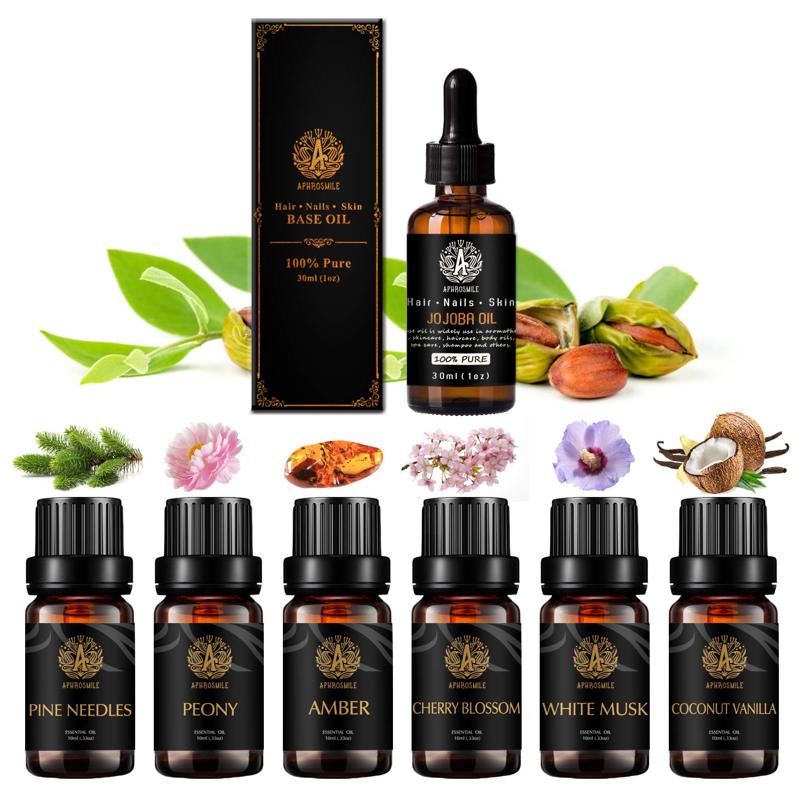 100% puro jojoba Aceite esencial, aromaterapia peonía aceite esencial con aceite portador para masaje, 7x10ml 100% puro agujas de pino Aceites set-amber, vainilla de coco, almizcle blanco aceites...