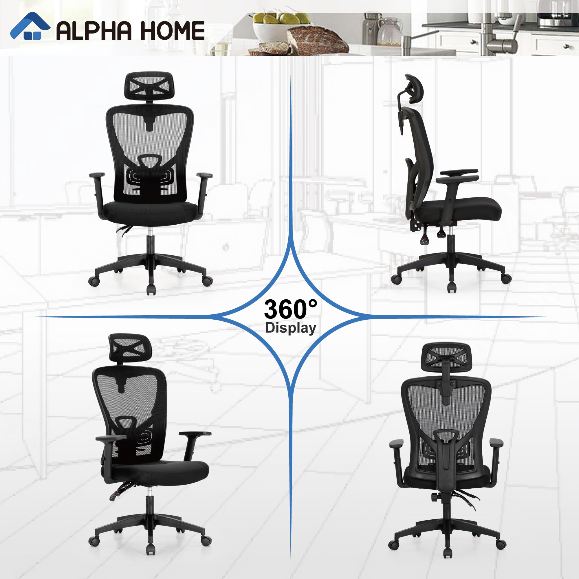 ALPHA HOME Sedia da ufficio ergonomica in rete, con schienale alto, per computer, casa e ufficio, inclinabile a 90-135°, con poggiatesta regolabile, supporto lombare e braccioli, per lavoro e studio