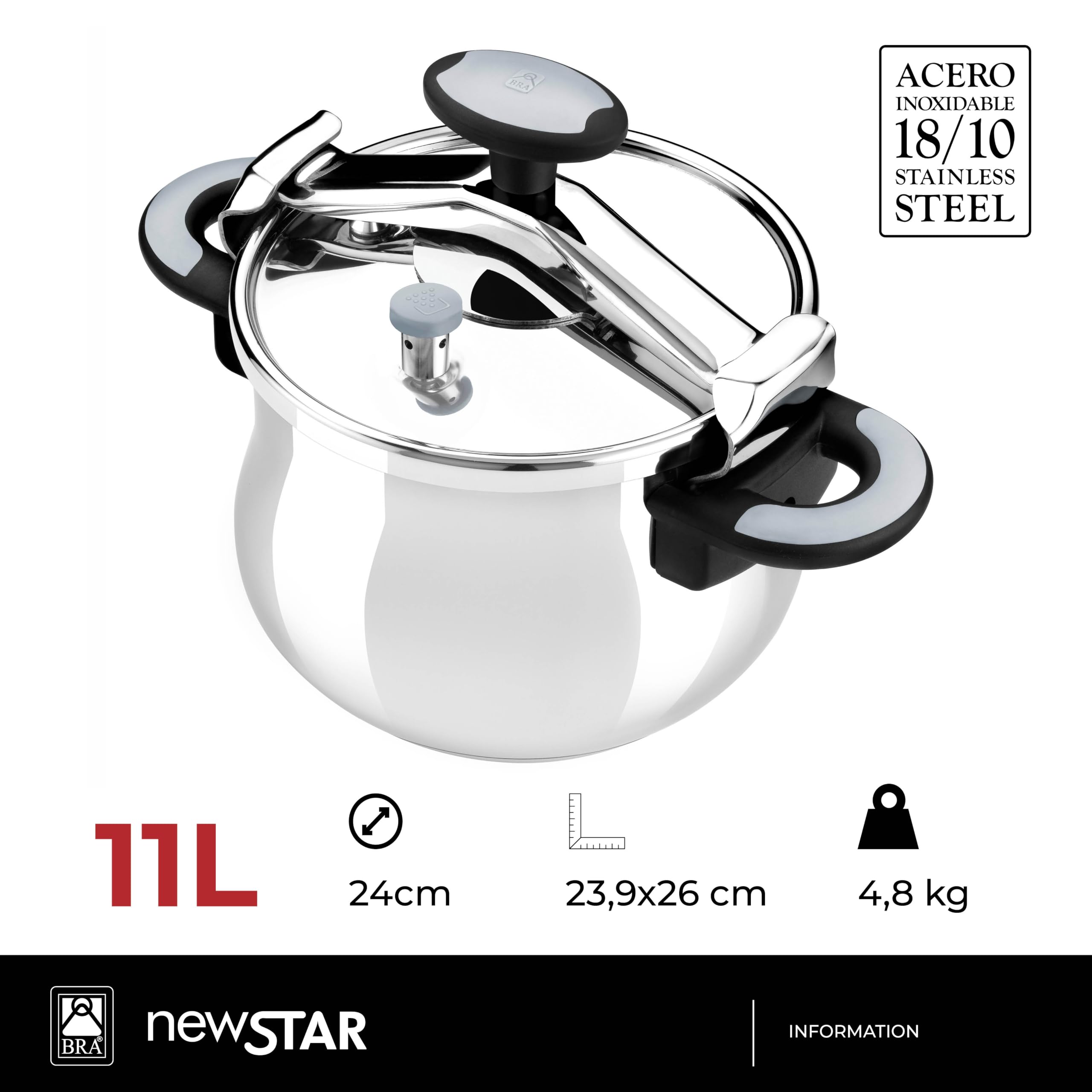 BRA - New Star, Pentola a pressione in acciaio inox 18/10, con coperchio a ponte, 11 l | Acciaio inox 18/10, 2 sistemi di sicurezza e blocco apertura, adatta a tutti i piani cottura