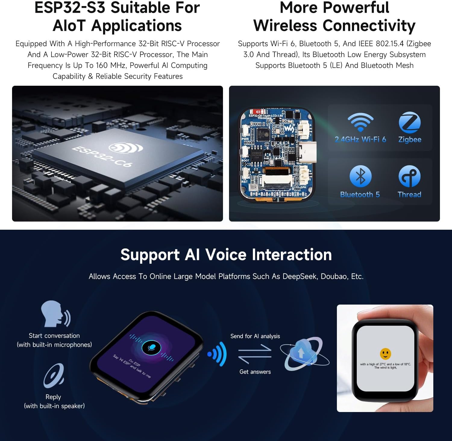 Waveshare ESP32-C6 1.69inch LCD Development Board, 240×280 Pixels, Supports Wi-Fi 6 / BLE 5, 160MHz RISC-V Processor, AI Speech, ESP32 with Display, with Touch Function