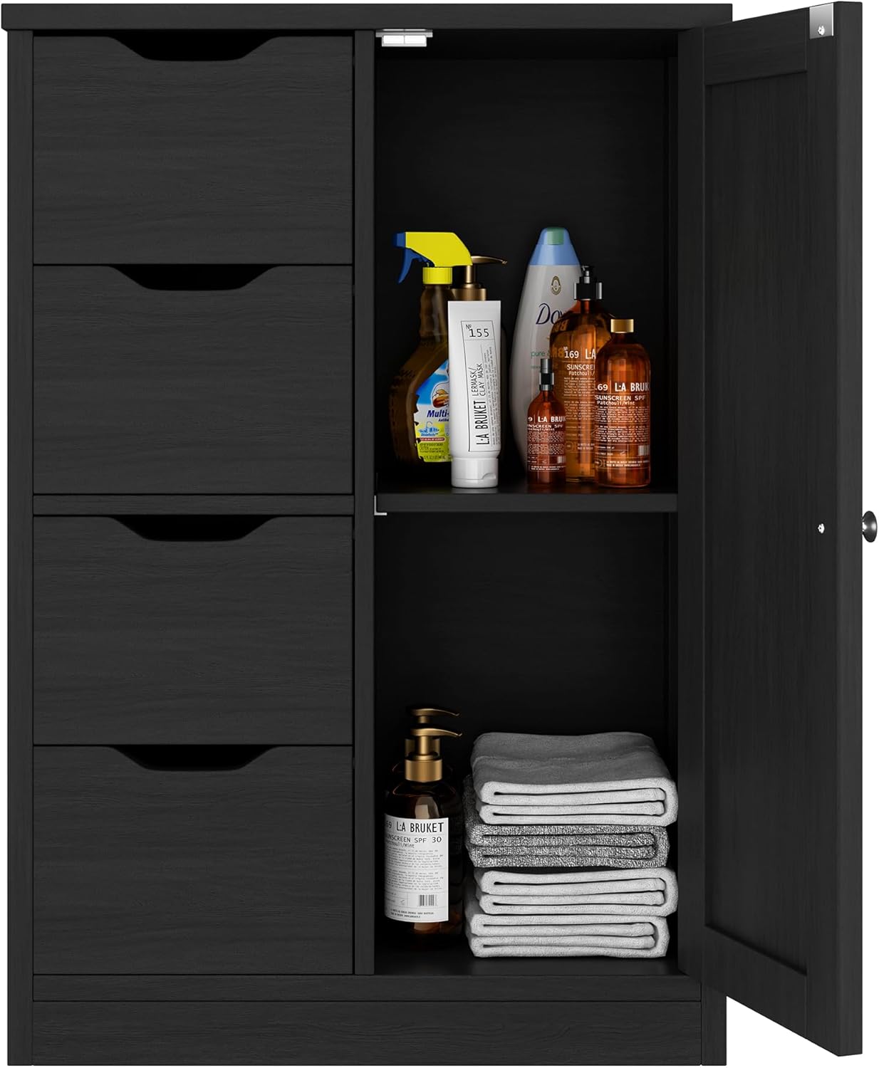 Cabinet interior with items stored on shelves and in drawers