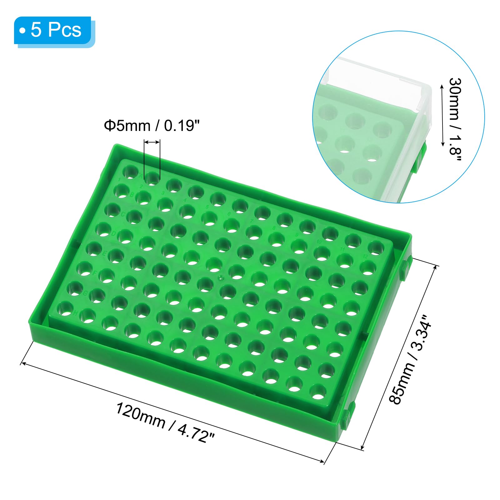 PATIKIL Portoir À Tubes PCR 96 Puits Pour 0.2ml Tubes À Bandelettes Tests, 5pcs Plateau Étanche De Remplissage Portoir À Tubes Centrifugeuses, Vert