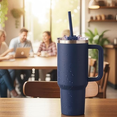 Miniatura 7 de COKTIK - Vaso de 40 onzas con asa y tapa con popote, taza de café de viaje con aislamiento al vacío, taza aislada de acero inoxidable para bebidas,