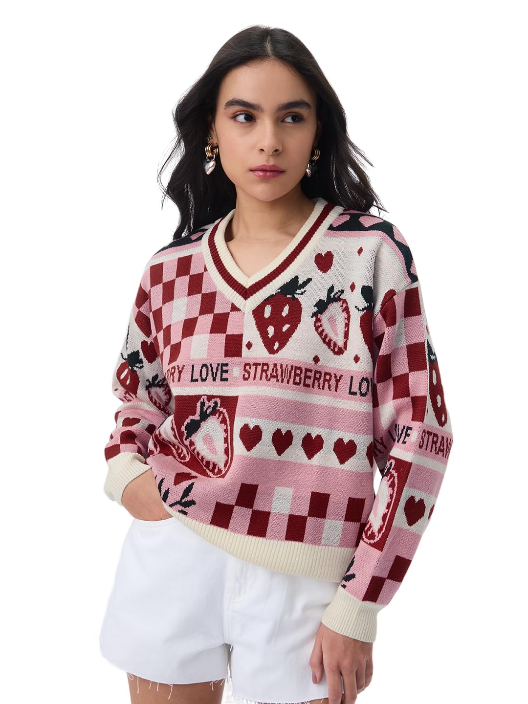 the souled store Berry Love Women and Girls Full Sleeves V-Neck Pink and Red Printed Acrylic Lightweight Casual Pullover Oversized Sweater-picture-37