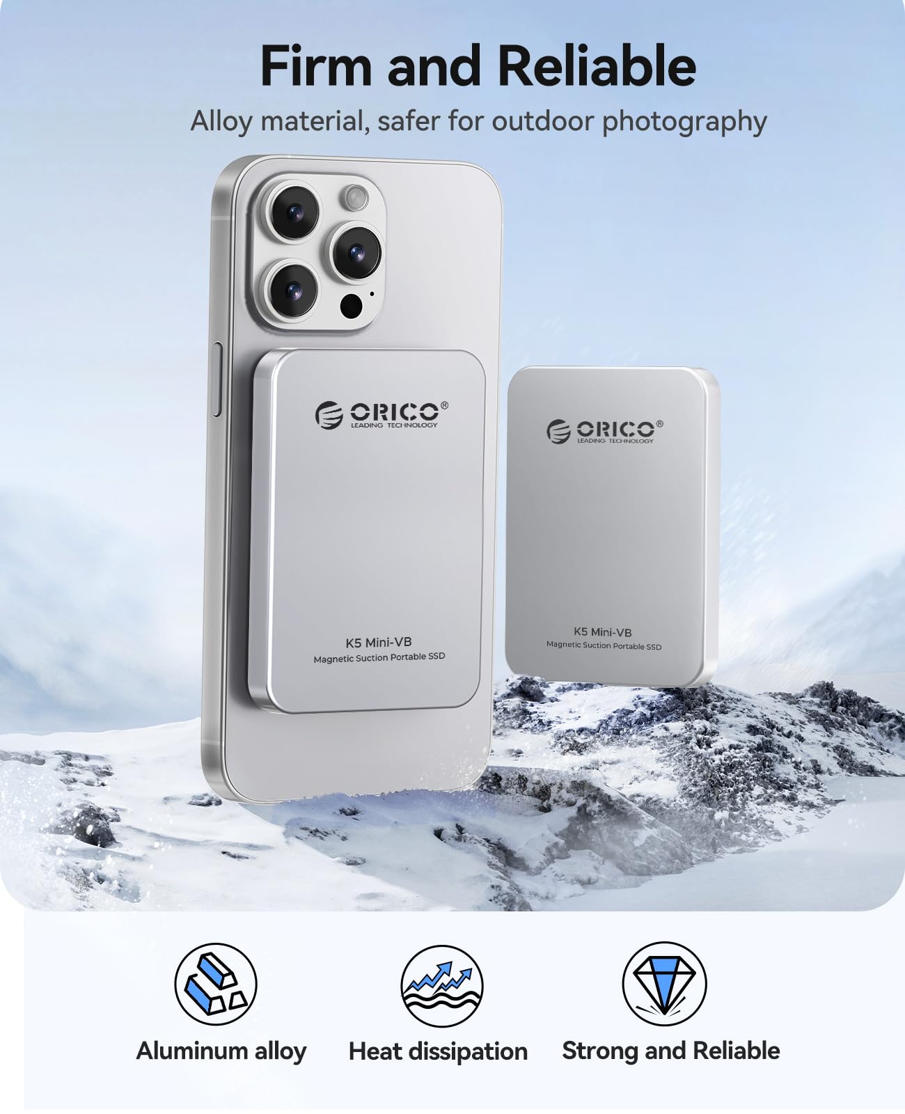 ORICO Magnetyczny zewnętrzny dysk SSD, 480 GB, stop aluminium, do 460 MB/s, zewnętrzny dysk SSD, rozszerzenie pamięci do iPhone 17 Pro Max, kompatybilny z MagSafe, smartfonami USB‑C – K5MINI