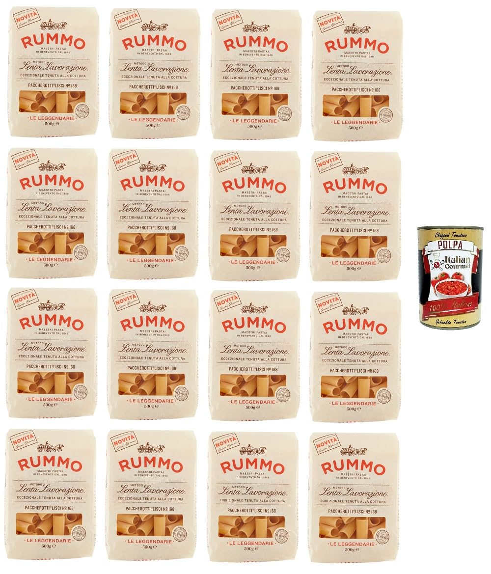 Rummo Paccherotti N°168 Le Leggendarie Pasta Lenta Lavorazione Hartweizengrieß Bronze-Zeichnung 16x 500g + Polpa 400g