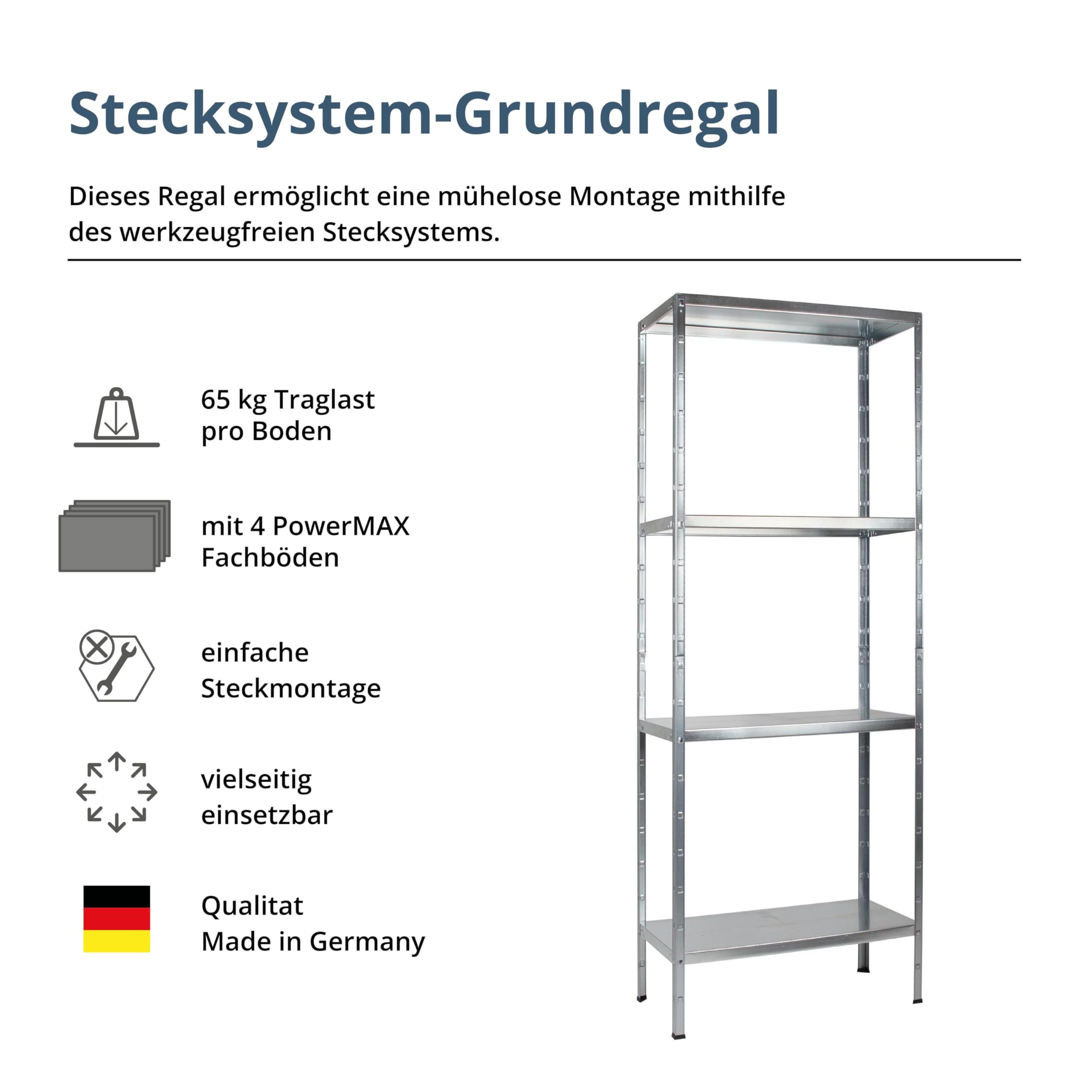 SCHULTE Regalwelt Regał wtykowy z 4 półkami PowerMAX, udźwig 65 kg, 180 x 60 x 40 cm (wys. x szer. x gł.), ocynkowany (regał magazynowy, warsztatowy, piwnica, garaż, regał metalowy