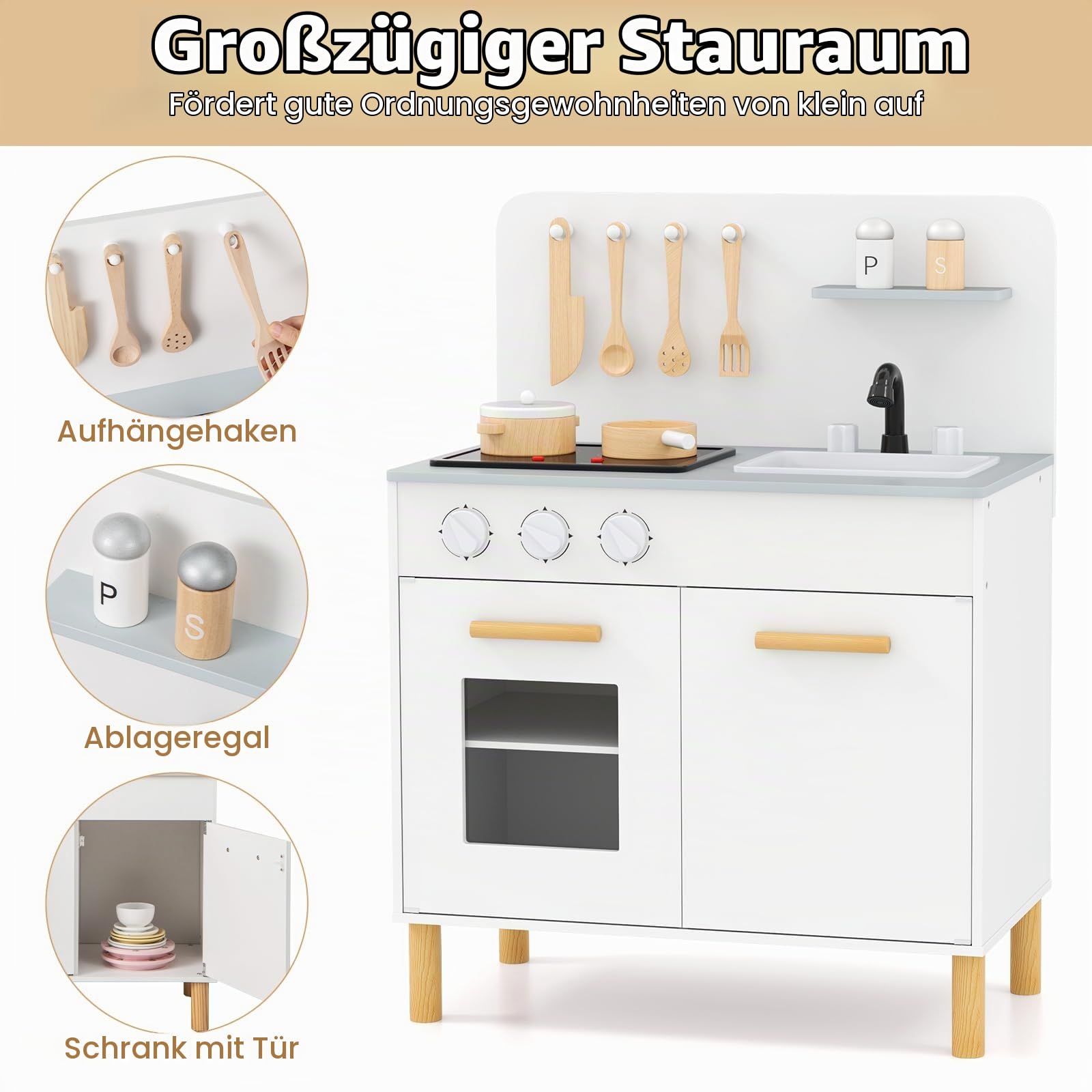 HOMASIS Kinderküche mit Licht & Sound, Spielküche aus Holz mit 10 Spielzubehör, Spielzeugküche mit Spüle Herd Backofen, Holzküche Miniküche Küchenspielset für Kinder ab 2 Jahre (Weiß)