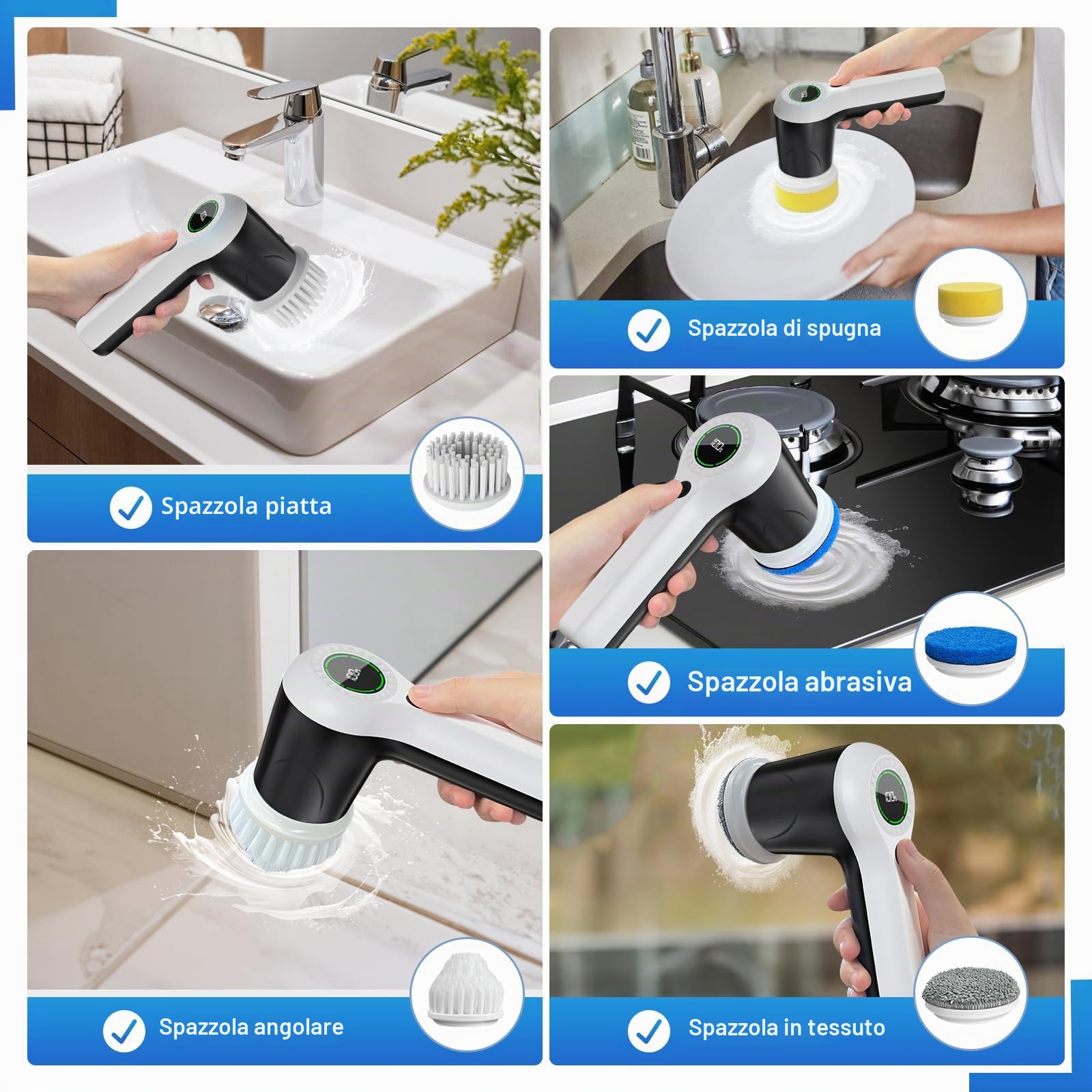 Detergente elettrico, pulitore rotativo con indicatore di livello della batteria, lavatrice elettrica a 2 velocità, pulizia con 6 testine sostituibili, spazzola elettrica per pulizia
