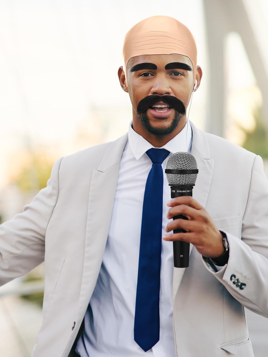 Wavwavw 5 Pieces Halloween Speaker Costume Include Brown Bald Cap Extended Microphone Mustache Eyebrows for Men Women Adults