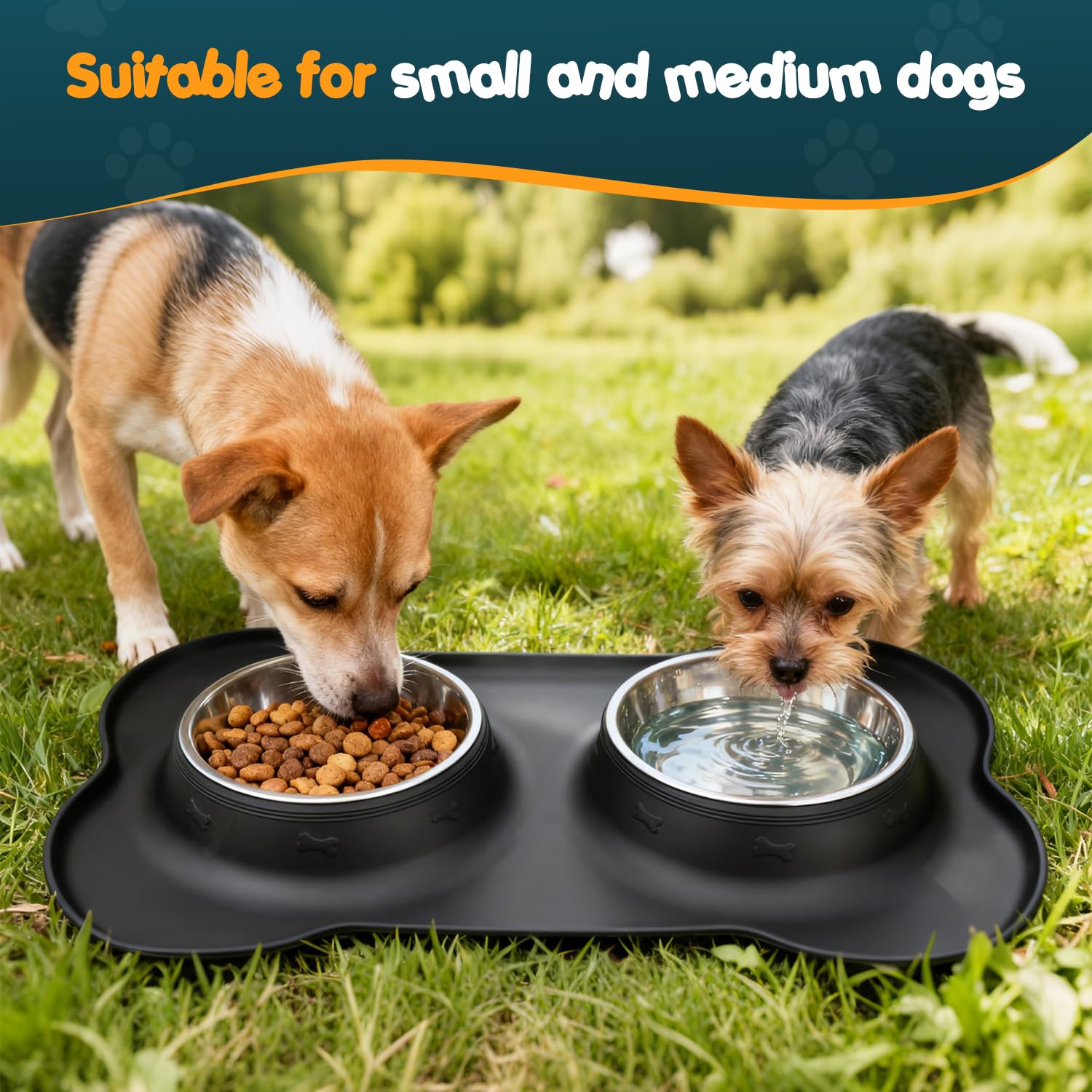 2 x 400 ml, ciotola per cani e gatti, in acciaio inossidabile, base antiscivolo, antitrabocco, anti-versamento, tappetino in silicone