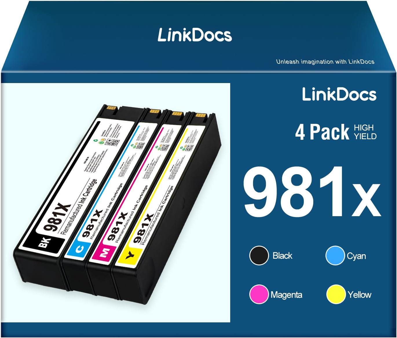 LinkDocs Remanufactured HP 981X Ink Cartridges Used with HP PageWide Enterprise Color 556, 556dn, 556xh, MFP 586, MFP 586z, MFP 586dn, MFP 586f (4 Pack)