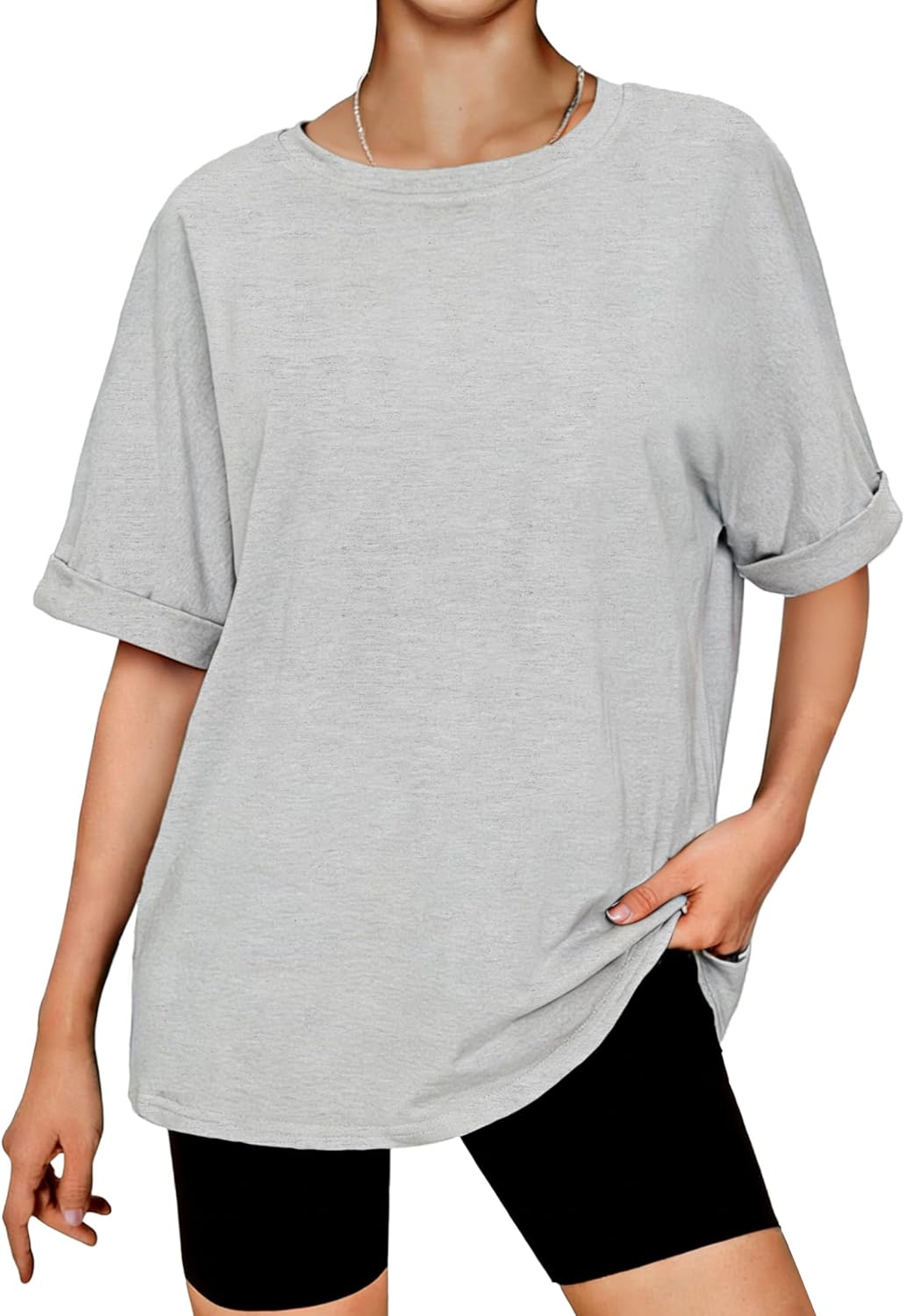 Terecey Basic Shirt Donna Oversize Loose Fit T-Shirts Estate Scollo Tondo T-Shirt Casual a Maniche Corte Maglietta Vintage Unicolore Blusa,