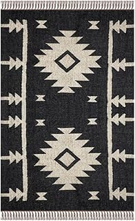 Reversible Black Kilim Flatweave Rug Handmade Wool Jute Area Rug – Hand-...