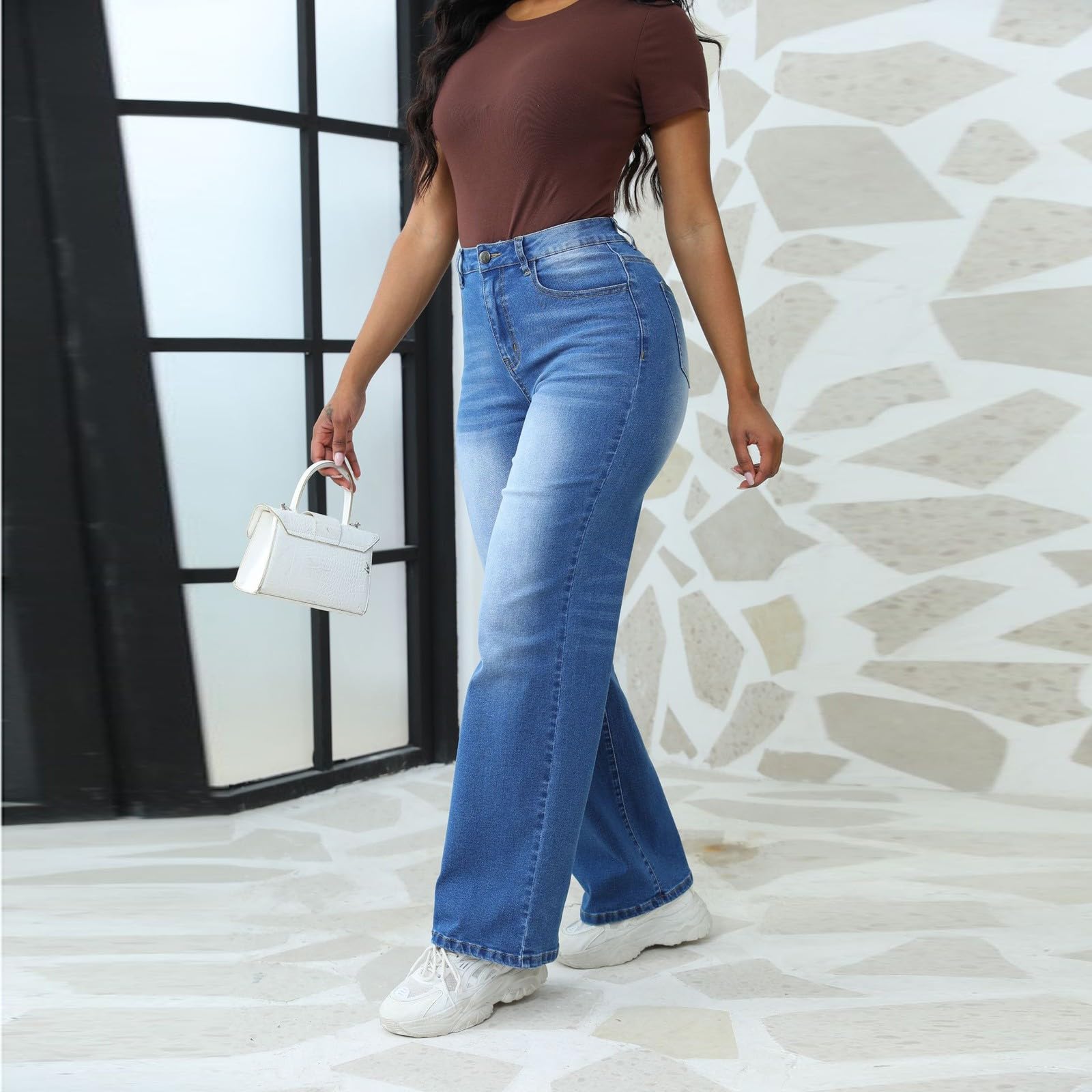 Jeans Damen Weites Bein Jeanshose Straight Fit Denim Wide Leg Freizeit Klassisch Loose Baggy Flared Boyfriend Stretch Streetwear