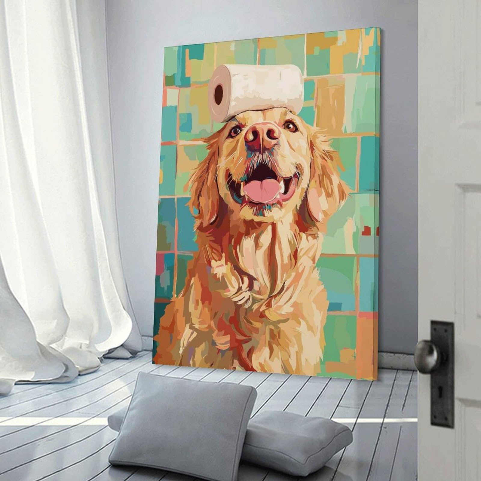 Junmoney Frame-Style-3 Golden Retriever With Toilet Paper Hat Wall Decor Canvas Print, 20X30inch(50X75cm), For Lounge, Bedroom Or Personal Spaces, Thoughtful Wall Decor For Art Lovers