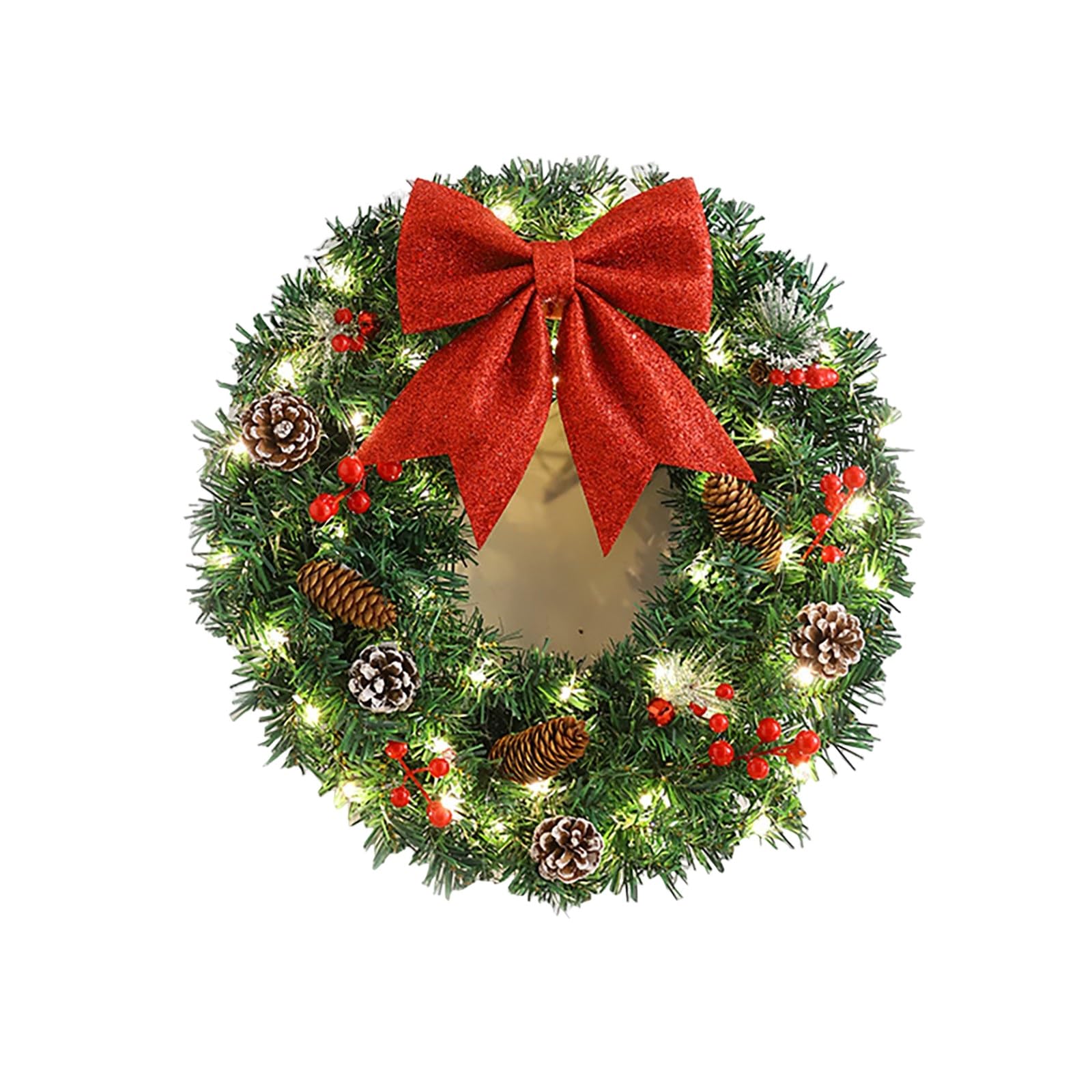 Couronne De Noël 60cm, Couronne De Noël pour Porte D'entrée Couronnes De Porte De Noël avec Lumière LED Cones De Pin Feuilles De Cèdre Couronne Artificiell(50cm)
