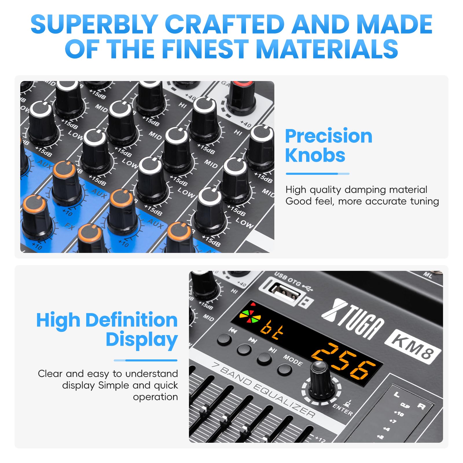 XTUGA KM8 - Mezclador de audio profesional de 8 canales, compatible con Bluetooth/USB/MP3, alimentación fantasma de 48 V, efecto DSP 256 para grabación de PC, karaoke, rendimiento de escenario
