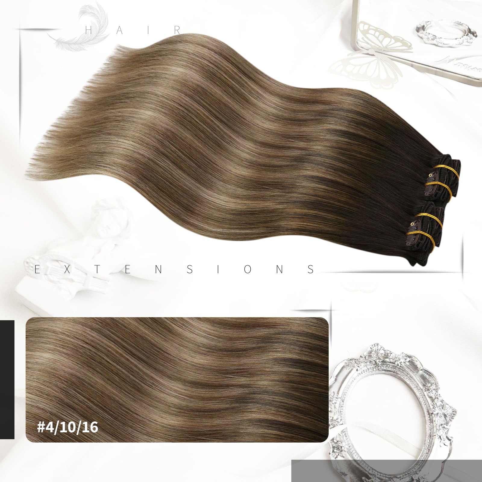 Moresoo Brown Clip in Hair Extensions Balayage 16 Inch Ombre Golden Brown with Honey Blonde Hair Extensions Clip in Real Human Hair 80g 5 Pieces Straight Hair #4/10/16 - Image 2